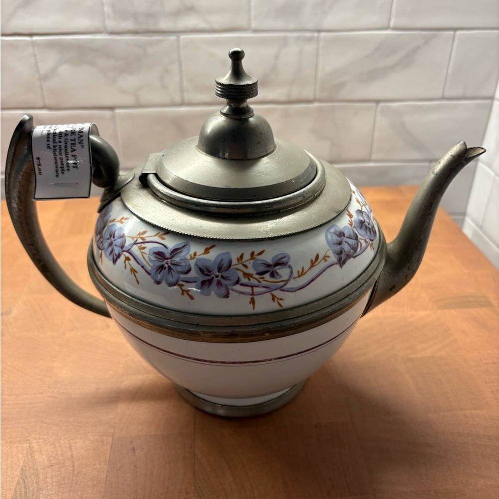 Manning, Bowman & Co. Antique Pewter & Graniteware Enameled Teapot